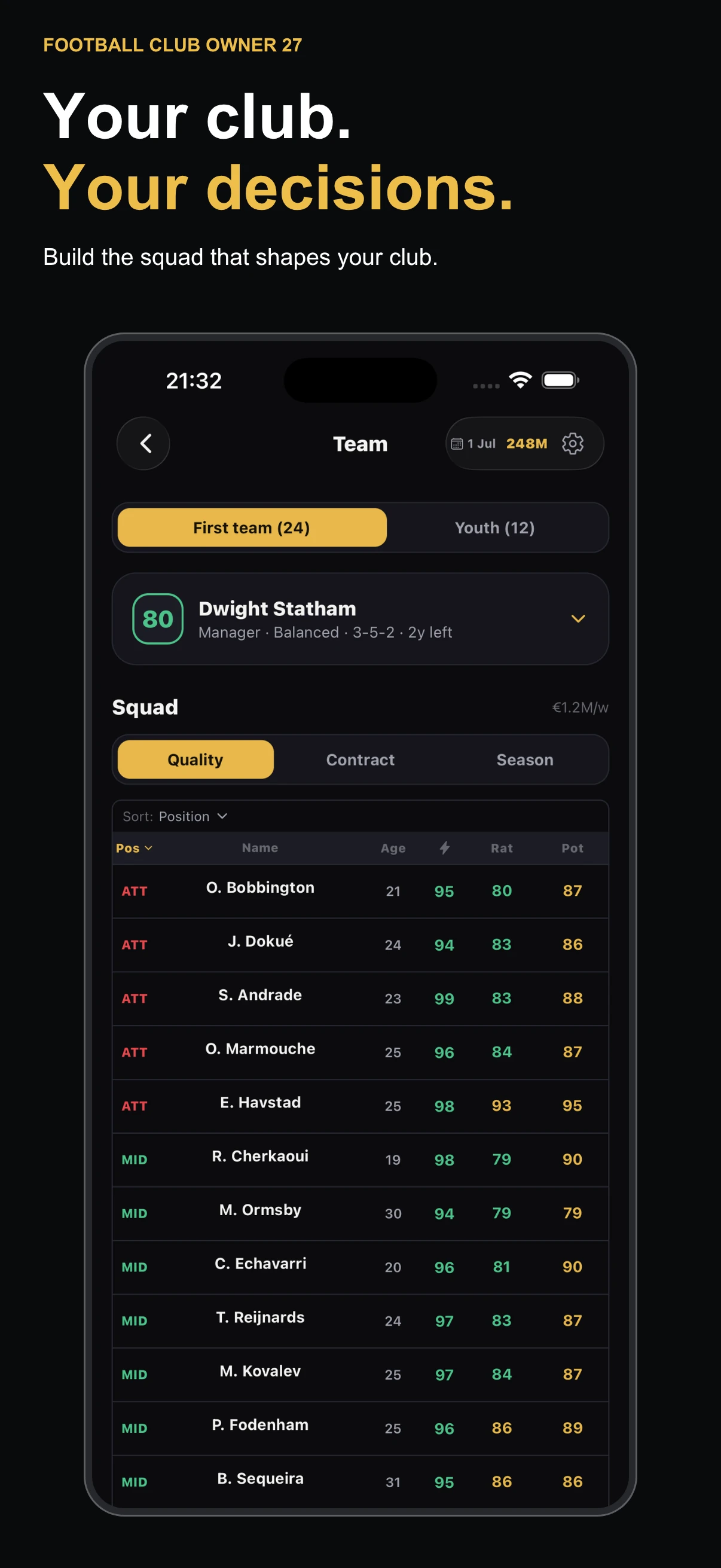 Your club. Your decisions. Football Club Owner 27 first-team squad and manager overview on iPhone.