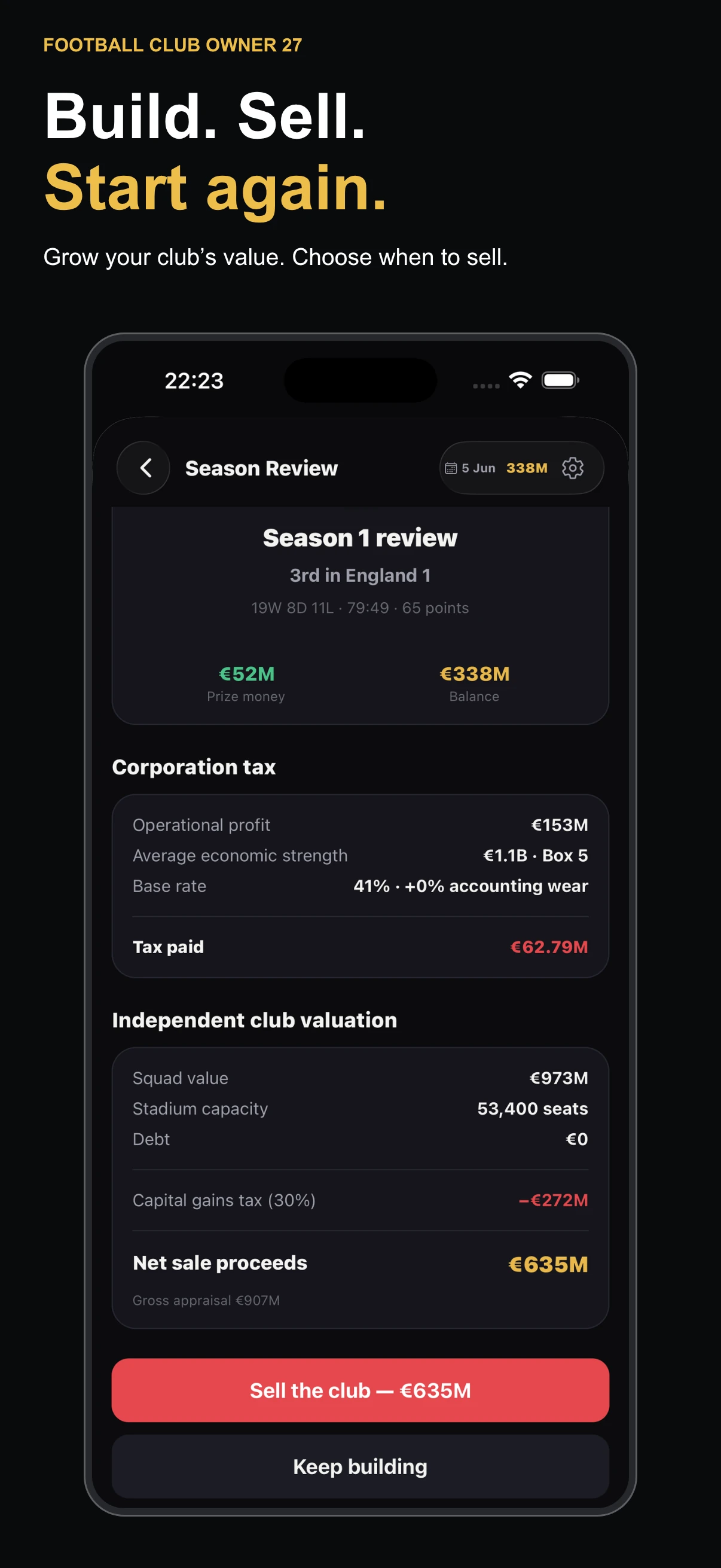 Build. Sell. Start again. Season review, club valuation and the choice to sell a club in Football Club Owner 27 on iPhone.