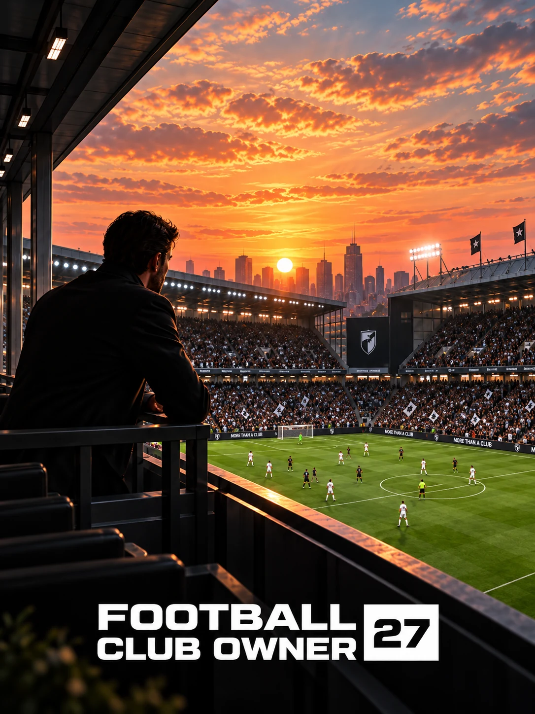 Football Club Owner 27 artwork showing a club owner watching the game from the stands at sunset